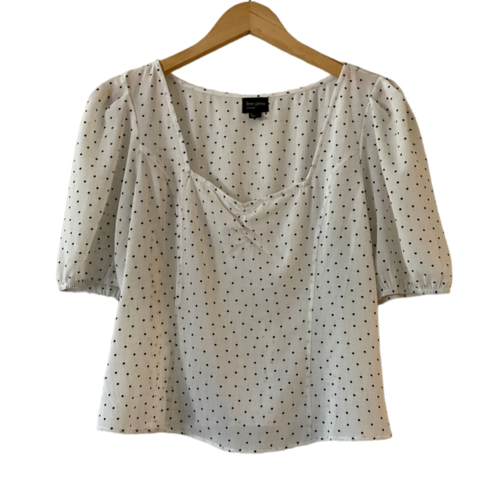 Free Press Polka Dot Crop Blouse XL White Sweetheart Ruched Smocked Short Sleeve